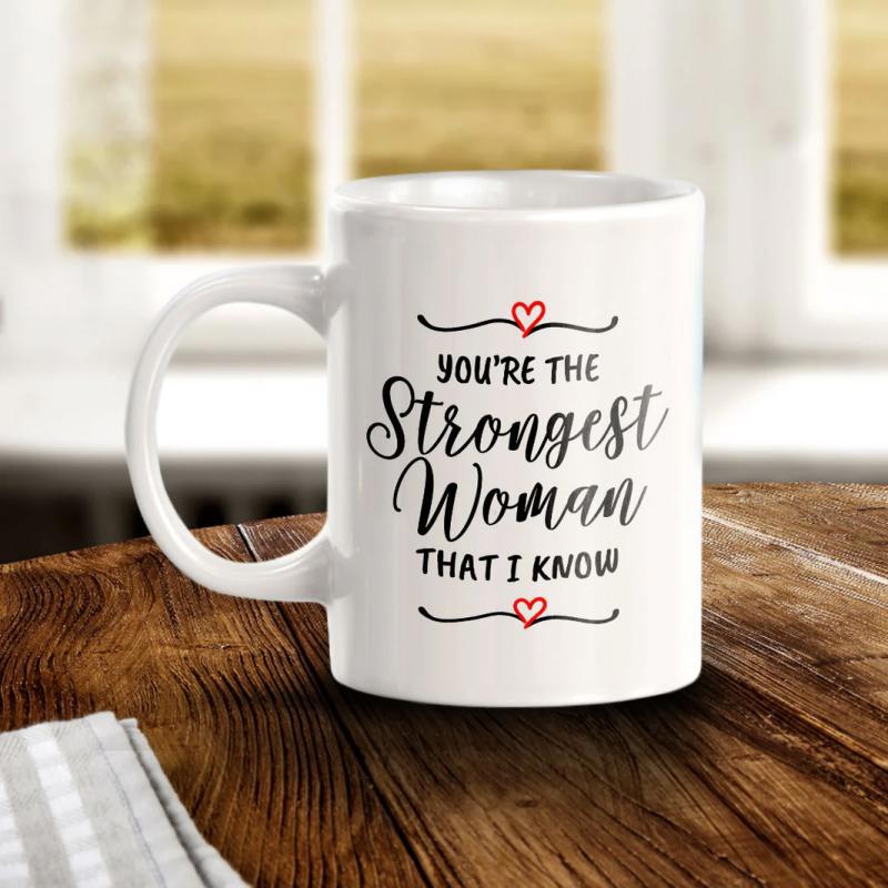 Tailorly White Ceramic 11 oz Mug - Youre The Strongest Woman That I Know Simple Ceramic Featuring Small Red Hearts And Elegant Black Script Mug