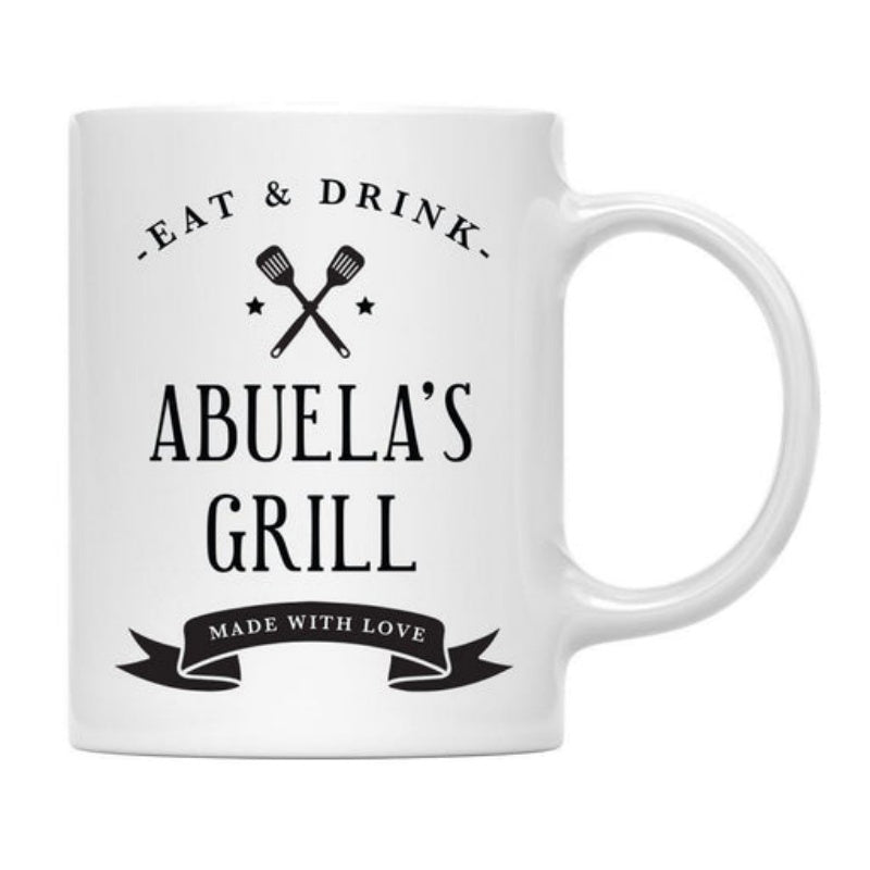 Tailorly White Ceramic 11 oz Mug - Eat Drink Abuelas Grill Made With Love Professional Grade Barbecue Equipment With Elegant Stars And Decorative Banner Spatula