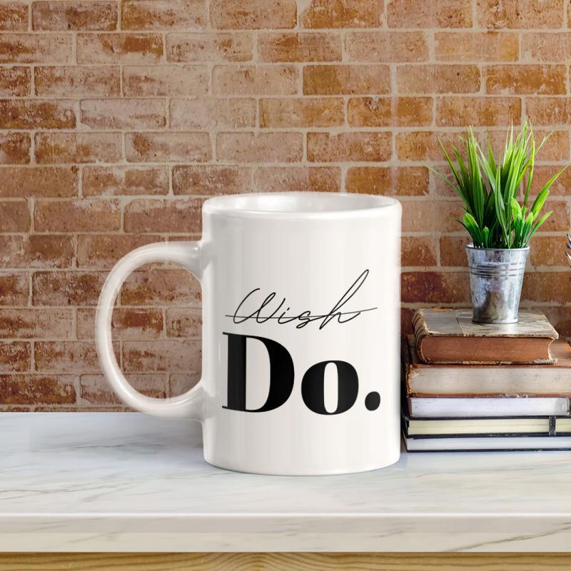 Tailorly White Ceramic 11 oz Mug - Wish Do Minimalist Ceramic Vessel Sitting On Marble Counter Against Rustic Brick Background Mug