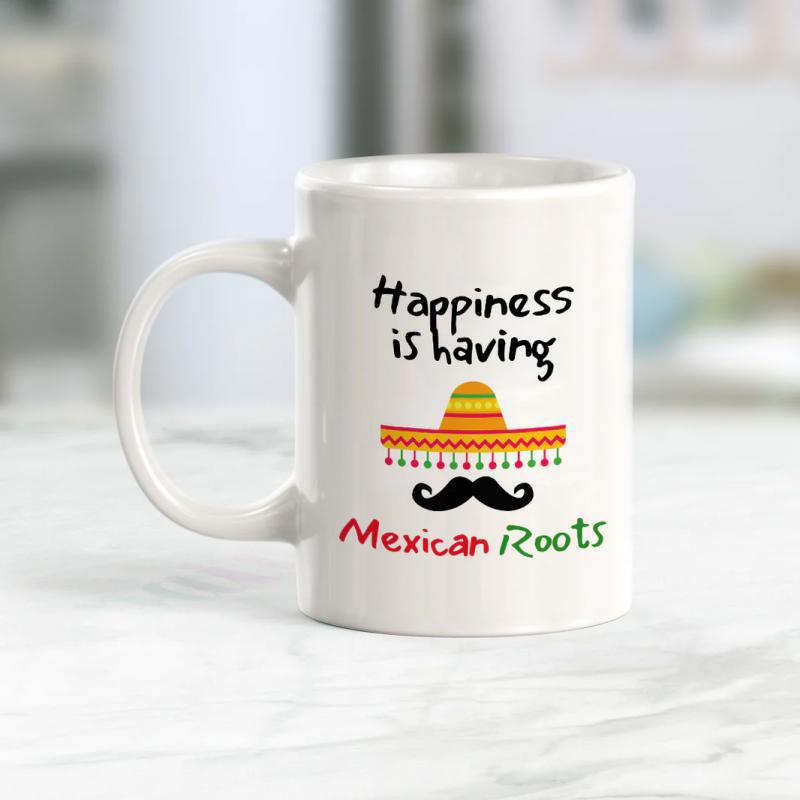 Tailorly White Ceramic 11 oz Mug - Happiness Is Having Mexican Roots Vibrant Striped Traditional Hat Accompanied By A Bold Black Thick Mustache Sombrero