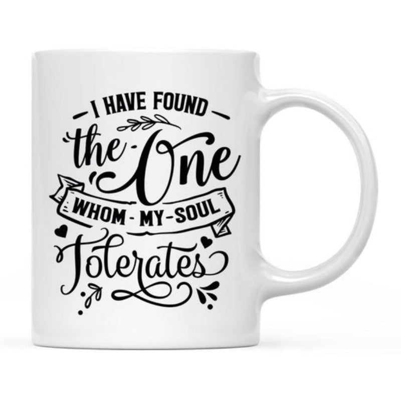 Tailorly White Ceramic 11 oz Mug - I Have Found The One Whom My Soul Tolerates Decorative Script Font Featuring Small Hearts And Elegant Leafy Vines Mug
