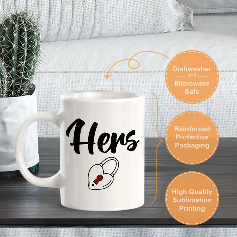 Tailorly White Ceramic 11 oz Mug - Hers Minimalist Line Art Style Heart Shaped Lock Symbol Padlock