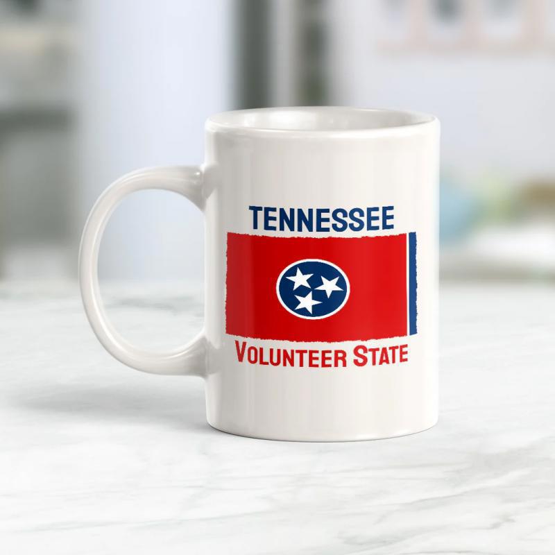 Tailorly White Ceramic 11 oz Mug - Tennessee Volunteer State Classic State Flag Pattern Featuring Three Radiant Stars On Red Background Flag