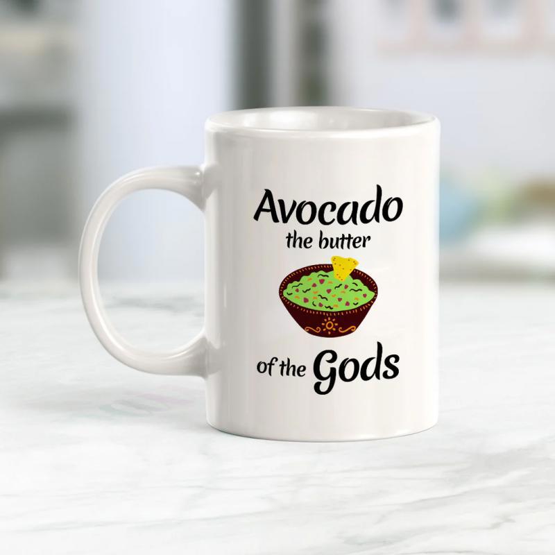Tailorly White Ceramic 11 oz Mug - Avocado The Butter Of The Gods Delicious Green Guacamole Inside A Brown Bowl With One Crunchy Yellow Chip Guacamole