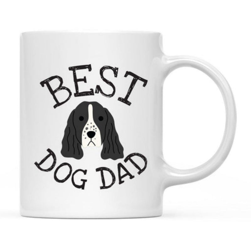Tailorly White Ceramic 11 oz Mug - Best Dog Dad Cartoon Springer Spaniel With Long Ears Centered Between Arched Black Lettering Dog
