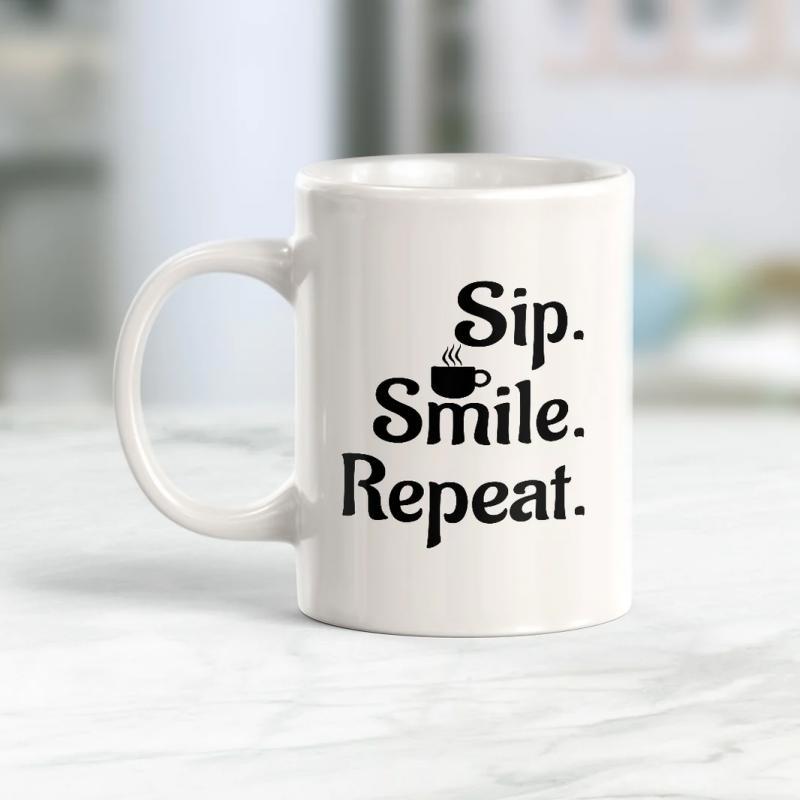 Tailorly White Ceramic 11 oz Mug - Sip Smile Repeat Minimalist Black Lettering Integrated With Small Steaming Hot Coffee Cup Mug