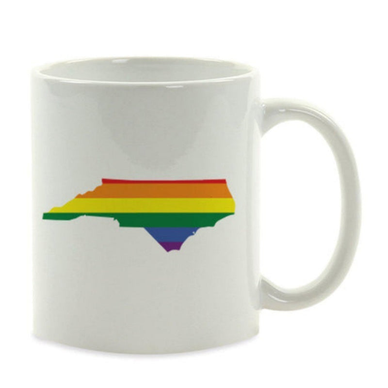 Tailorly White Ceramic 11 oz Mug - Rainbow Colored Pride Flag Filling A North Carolina State Shape Map