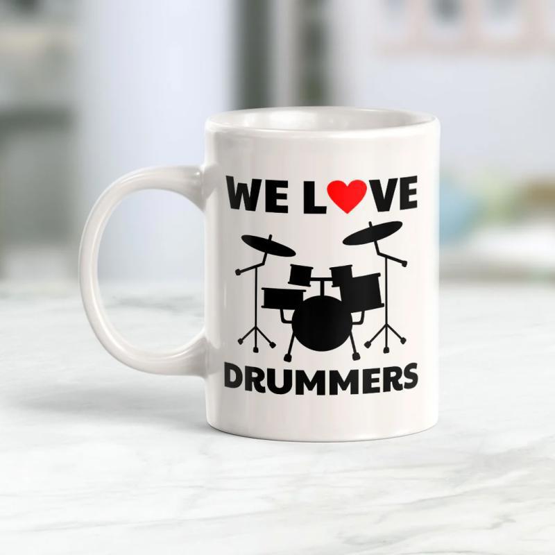 Tailorly White Ceramic 11 oz Mug - We Love Drummers Musical Instrument Silhouette For Studio Decor With Percussion Drum Kit