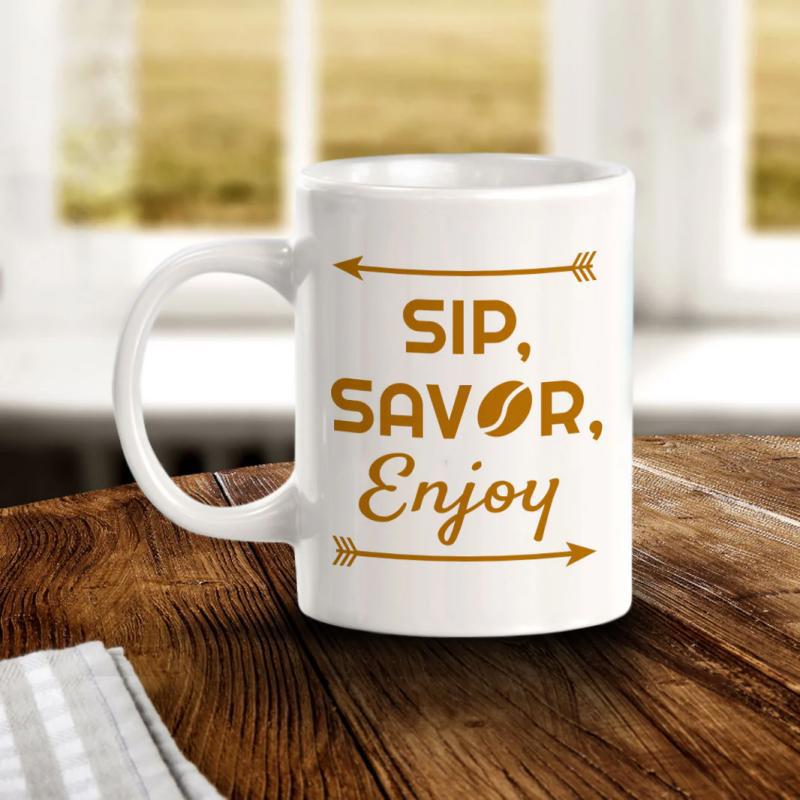 Tailorly White Ceramic 11 oz Mug - Sip Savor Enjoy Minimalist White Ceramic Featuring Artistic Gold Text And Arrows Mug