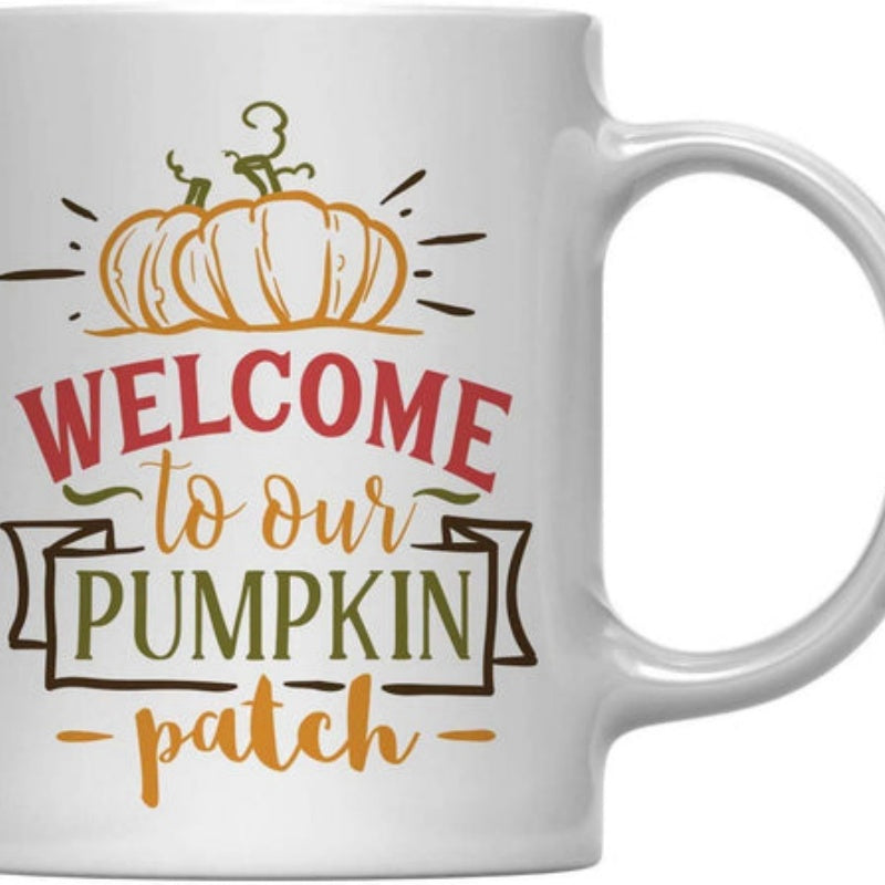 Tailorly White Ceramic 11 oz Mug - Welcome To Our Pumpkin Patch Hand Drawn Rustic Autumn Pumpkins Surrounded By Decorative Lines And Swirly Vines Pumpkin