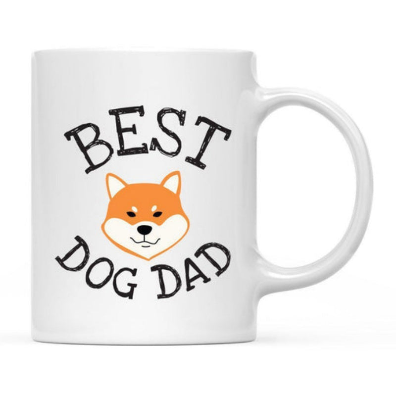 Tailorly White Ceramic 11 oz Mug - Best Dog Dad Cute Orange Dog Face Resting Among Curved Black Vintage Typewriter Letters Shiba Inu