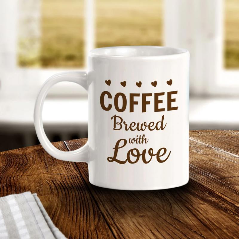 Tailorly White Ceramic 11 oz Mug - Coffee Brewed With Love Minimalist Script Text Featuring Small Symmetrical Floating Hearts Mug