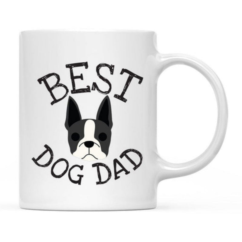 Tailorly White Ceramic 11 oz Mug - Best Dog Dad Minimalist Black And White Boston Terrier Face With Distressed Typewriter Style Arched Dog
