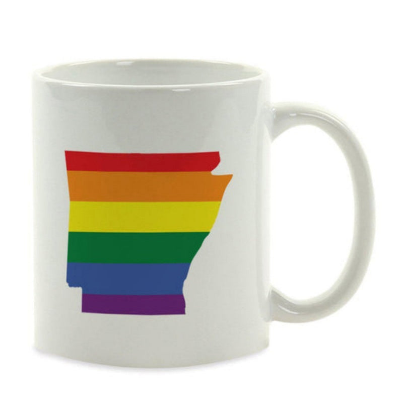Tailorly White Ceramic 11 oz Mug - Vibrant Rainbow Colors Painted Inside A Detailed Geography Silhouette Of Arkansas Map
