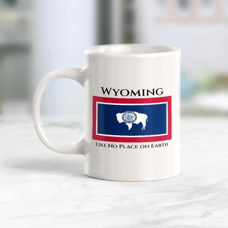 Tailorly White Ceramic 11 oz Mug - Wyoming Like No Place On Earth Featuring The Iconic State Flag With A White Bison Silhouette Flag