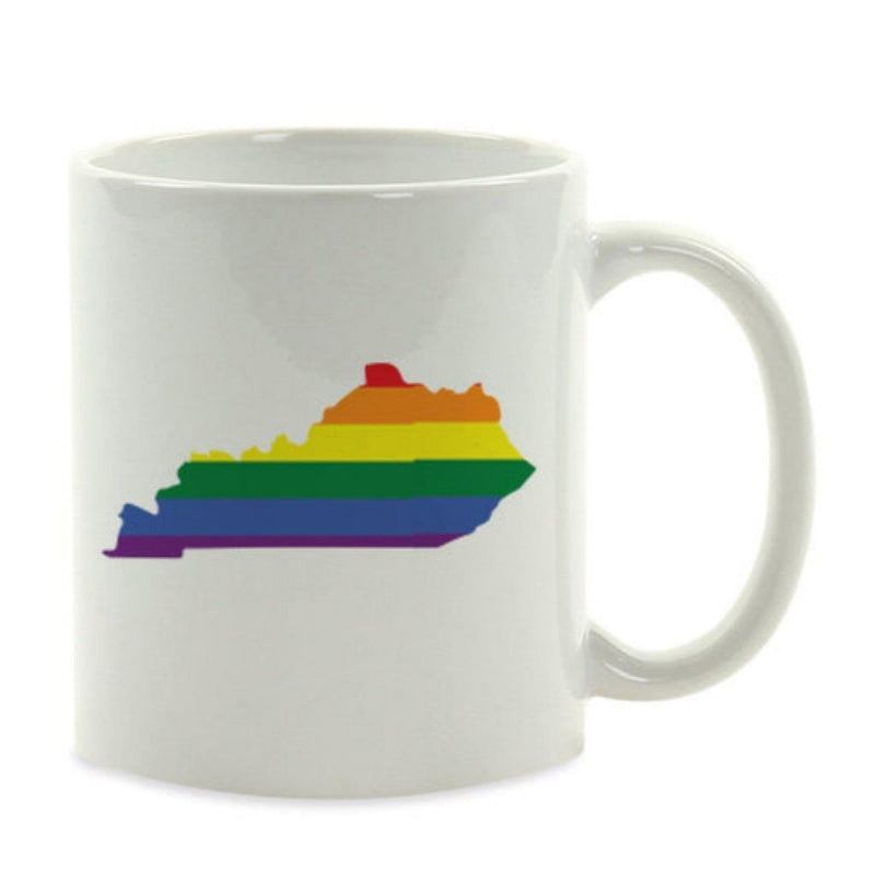 Tailorly White Ceramic 11 oz Mug - Vibrant Rainbow Pride Flag Colors Filling A Detailed Silhouette Of Kentucky