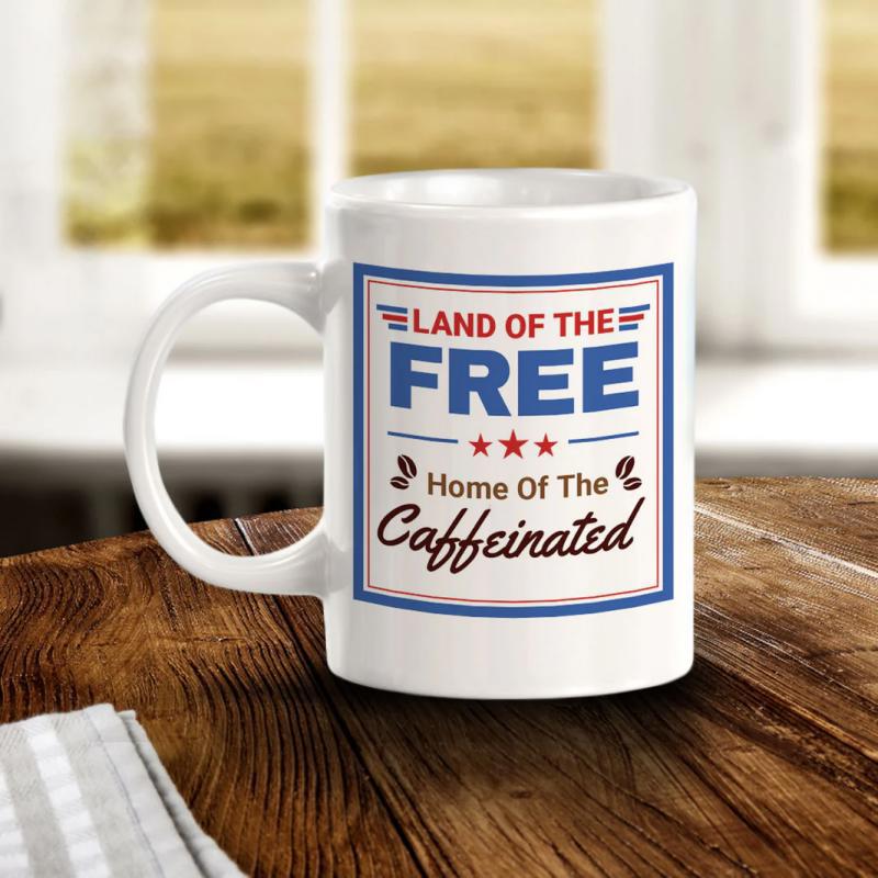 Tailorly White Ceramic 11 oz Mug - Land Of The Free Home Of The Caffeinated Patriotic Themed Square Frame With Stars And Winged Coffee Bean Emblems Sign