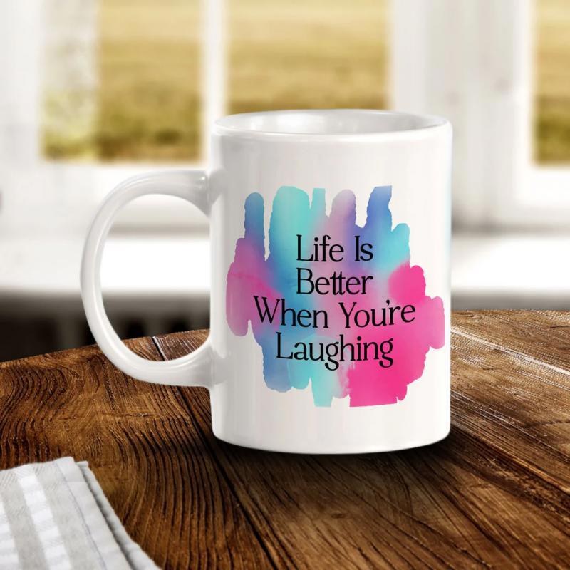 Tailorly White Ceramic 11 oz Mug - Life Is Better When You're Laughing Vibrant Abstract Watercolor Splash Background Floating On A Simple Ceramic