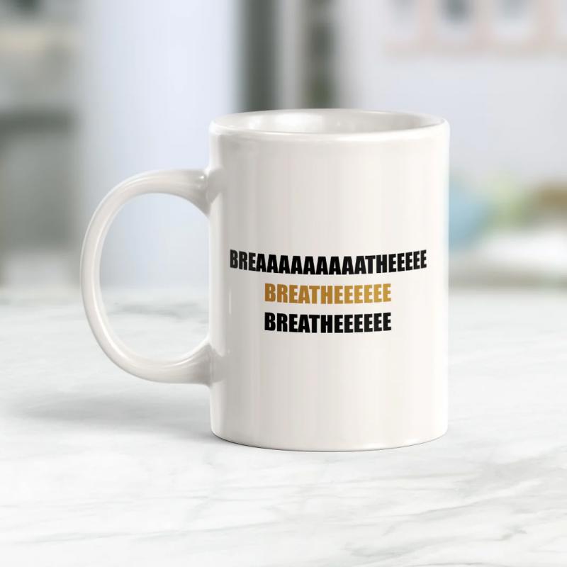 Tailorly White Ceramic 11 oz Mug - Breathe Breathe Breathe Minimalist White Ceramic Vessel With Elegant Bold Printed Text Design Mug