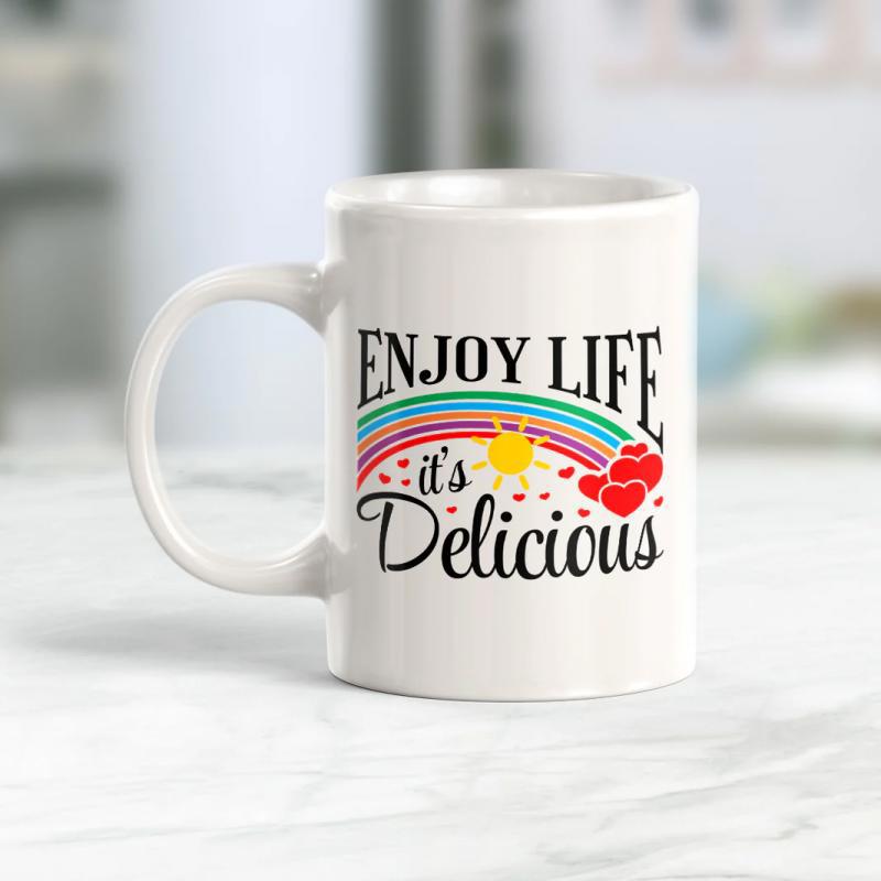 Tailorly White Ceramic 11 oz Mug - Enjoy Life Its Delicious Colorful Arched Rainbow With Smiling Sun And Floating Red Love Hearts Rainbow