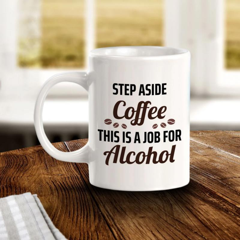 Tailorly White Ceramic 11 oz Mug - Step Aside Coffee This Is A Job For Alcohol Minimalist White Ceramic Vessel Featuring Small Scattered Roasted Coffee Bean