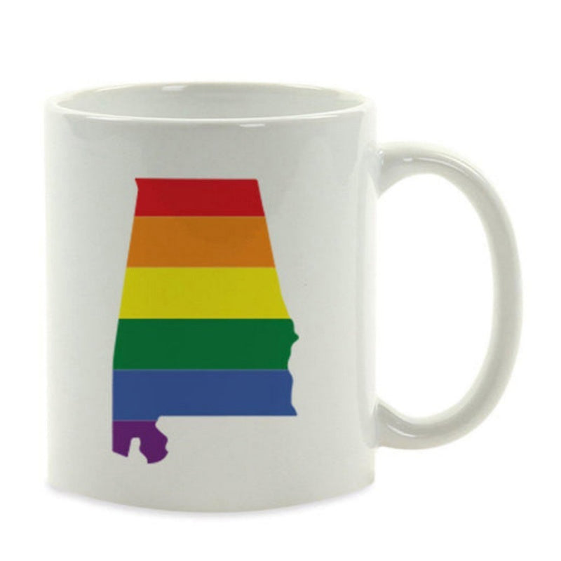 Tailorly White Ceramic 11 oz Mug - Colorful Rainbow Pride Stripes Filling A Distinctive Southern State Outline Alabama