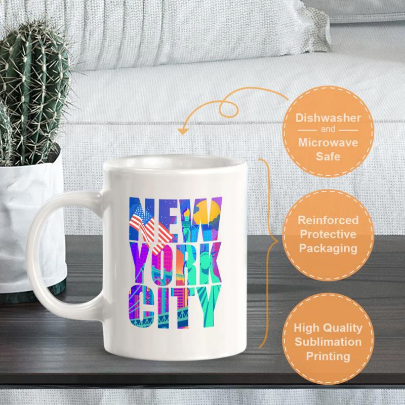 Tailorly White Ceramic 11 oz Mug - New York City Vibrant Tropical Colors Blending With Urban Textures And Iconic Flag Elements Skyline