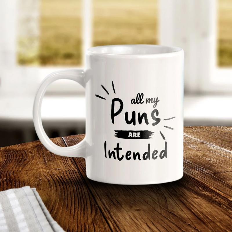 Tailorly White Ceramic 11 oz Mug - All My Puns Are Intended Minimalist Ceramic Surface With Simple Decorative Lines And Bold Stylized Typography Mug