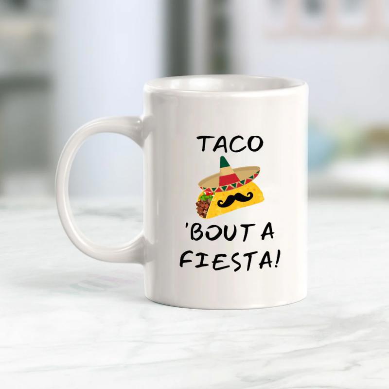 Tailorly White Ceramic 11 oz Mug - Taco Bout A Fiesta Charming Cartoon Character Wearing A Colorful Traditional Sombrero And Mustache Taco