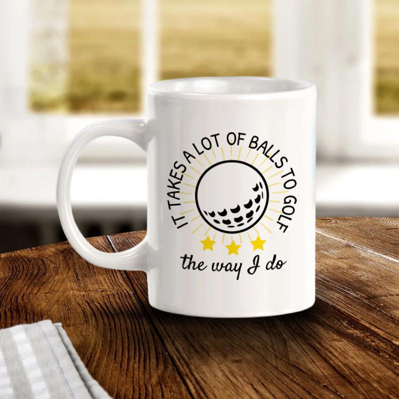 Tailorly White Ceramic 11 oz Mug - It Takes A Lot Of Balls To Golf The Way I Do Minimalist Circular Line Art Featuring Three Stars Under A Detailed Ball