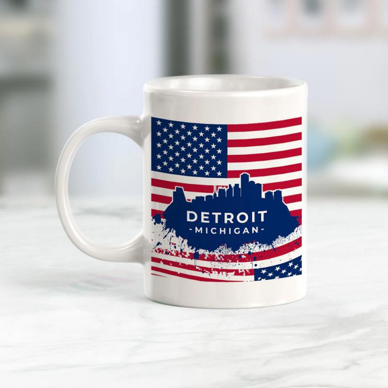 Tailorly White Ceramic 11 oz Mug - Detroit Michigan Patriotic Stars And Stripes Background Featuring Distressed Urban Cityscape Skyline