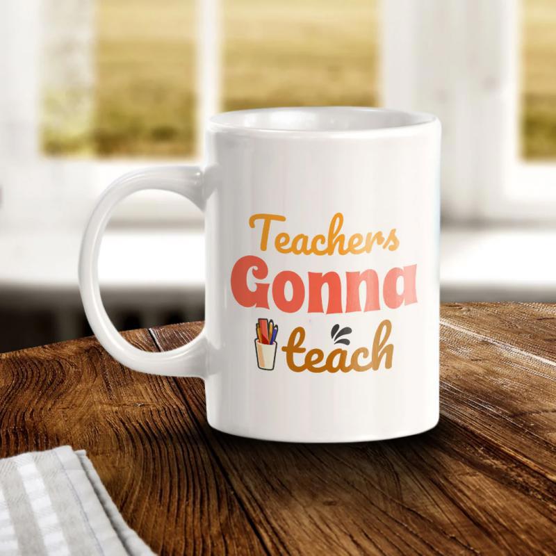 Tailorly White Ceramic 11 oz Mug - Teachers Gonna Teach Stylized Retro Text Featuring Small Pencils Within A Minimalist Stationery Holder Mug