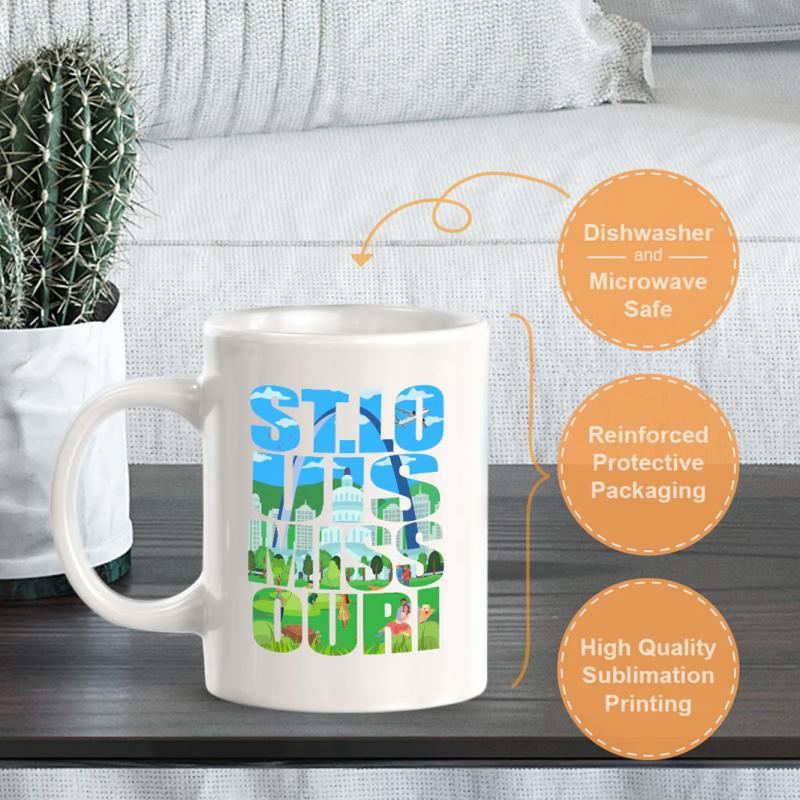 Tailorly White Ceramic 11 oz Mug - St Louis Missouri Scenic City Landscape With Famous Landmark Inside Bold Letters Under Blue Sky Arch