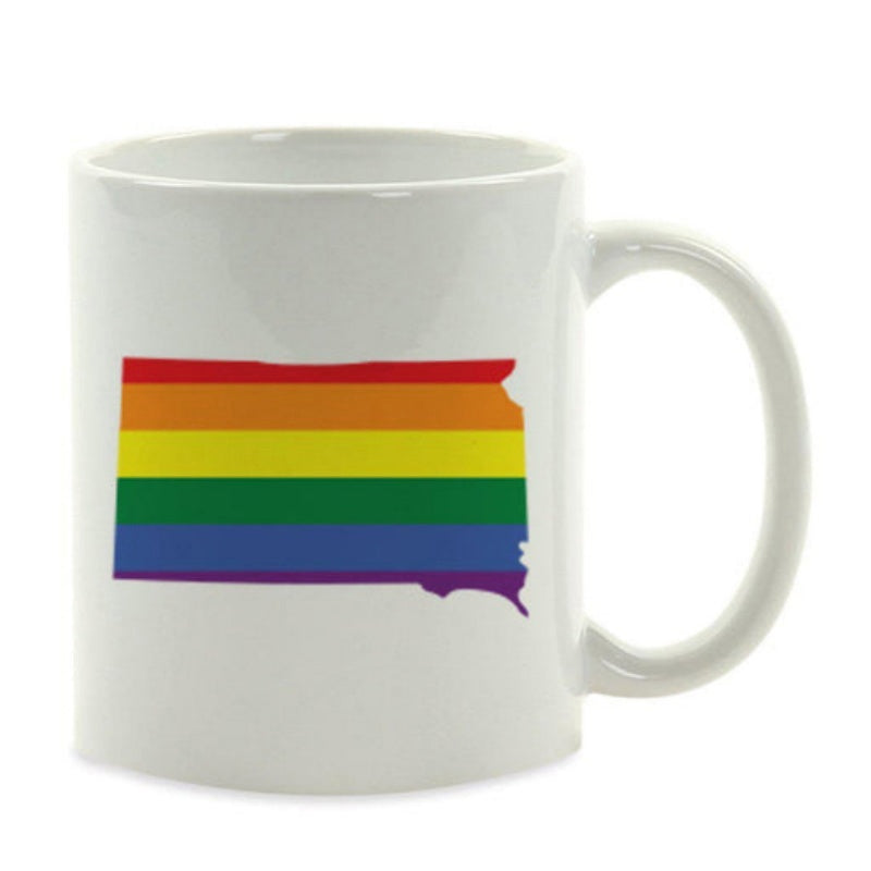 Tailorly White Ceramic 11 oz Mug - South Dakota Silhouette Map Featuring Vibrant Rainbow Pride Flag Colors Mug
