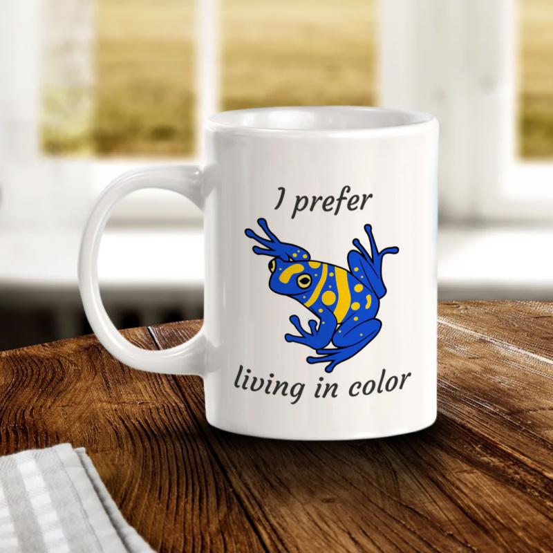 Tailorly White Ceramic 11 oz Mug - I Prefer Living In Color Vibrant Tropical Dart Frog With Blue And Yellow Patterned Skin Frog