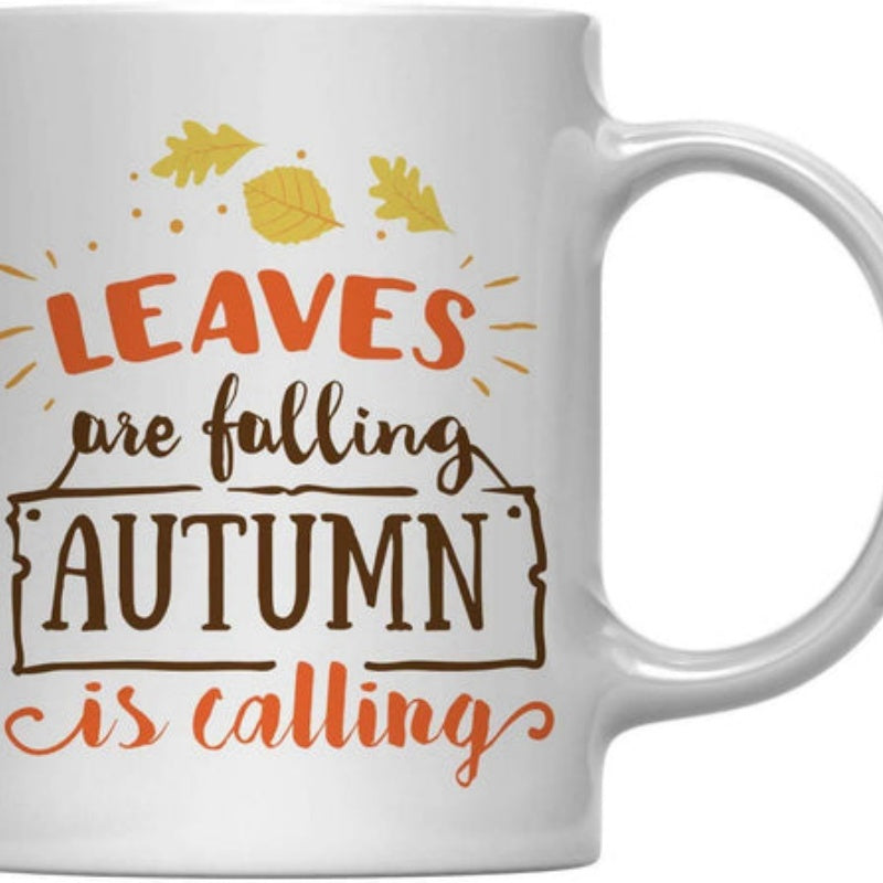 Tailorly White Ceramic 11 oz Mug - Leaves Are Falling Autumn Is Calling Golden Yellow Oak Leaves Gently Floating Around Rustic Seasonal Mug