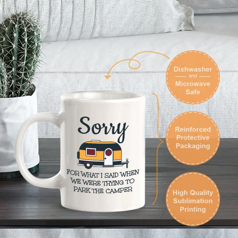 Tailorly White Ceramic 11 oz Mug - Sorry For What I Said When We Were Trying To Park The Camper Vintage Yellow Retro Travel Trailer With Black Accents And White
