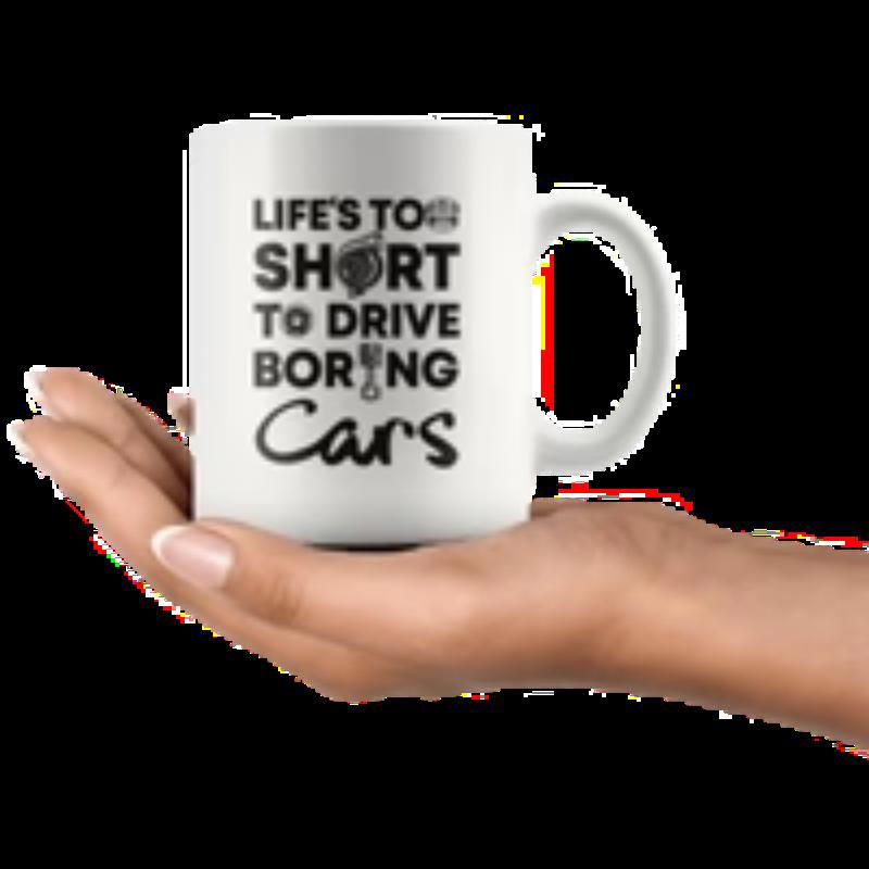 Tailorly White Ceramic 11 oz Mug - Lifes Too Short To Drive Boring Cars Minimalist Automotive Typography Featuring Turbocharger And Shifter Car