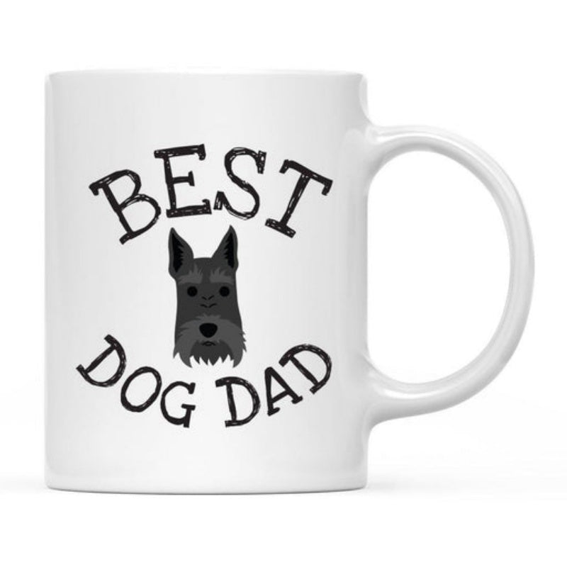 Tailorly White Ceramic 11 oz Mug - Best Dog Dad Minimalist Black Schnauzer Head Silhouette Centered Among Vintage Distressed Serif Lettering Dog