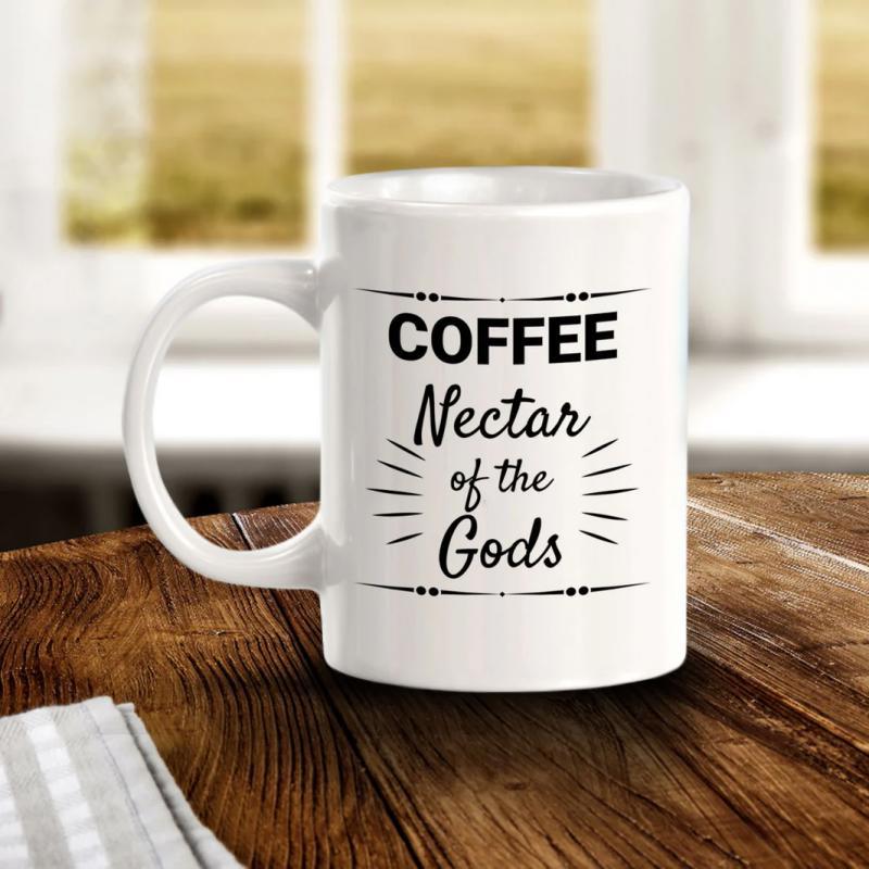 Tailorly White Ceramic 11 oz Mug - Coffee Nectar Of The Gods Elegant Script And Bold Sans Serif Typography Surrounded By Minimalist Artistic Lines Mug