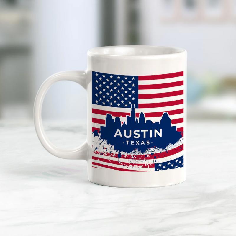 Tailorly White Ceramic 11 oz Mug - Austin Texas Iconic American Flag Stripes With City Skyline Silhouette And Distressed Details Mug