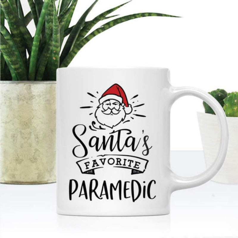 Tailorly White Ceramic 11 oz Mug - Santas Favorite Paramedic Festive Cartoon Character Wearing Red Hat And Beard Santa