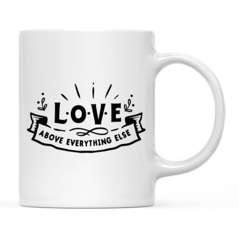 Tailorly White Ceramic 11 oz Mug - Love Above Everything Else Minimalist Black Design With Decorative Ribbon And Radiant Sunburst Lines Typography