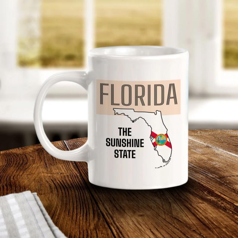 Tailorly White Ceramic 11 oz Mug - Florida The Sunshine State Sleek Outline Map Featuring Colorful State Flag Detail And Minimalist Borders Map