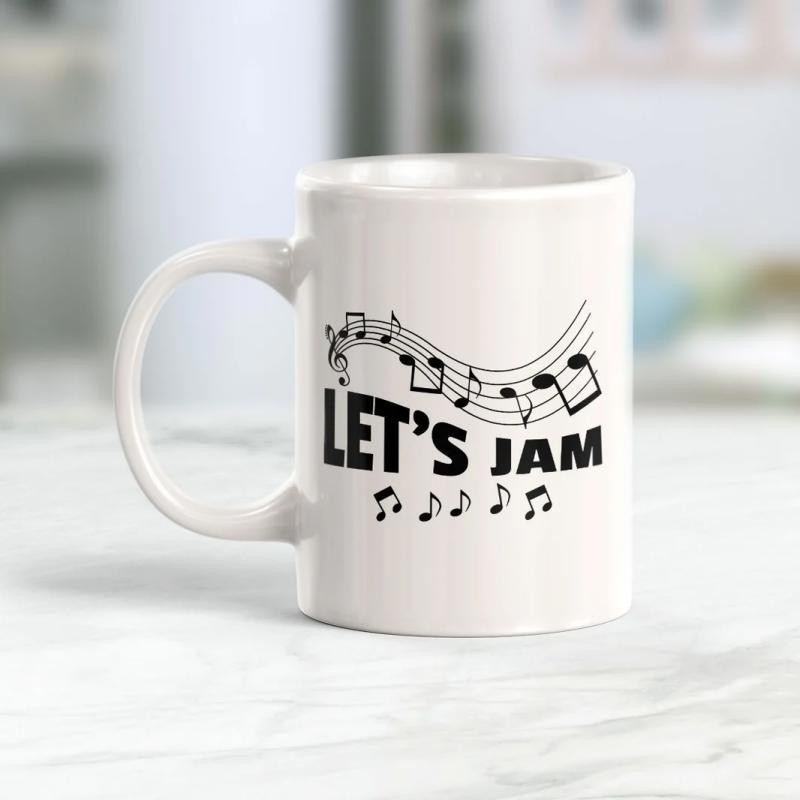 Tailorly White Ceramic 11 oz Mug - Let's Jam Flowing Musical Notes On Artistic Staff With Rhythmic Symbols Mug