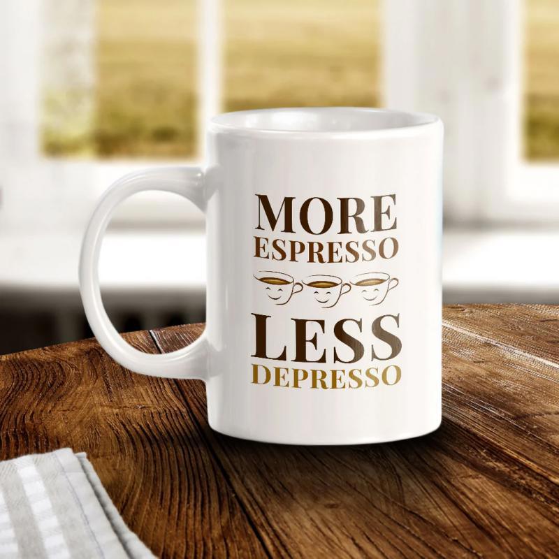 Tailorly White Ceramic 11 oz Mug - More Espresso Less Depresso Three Minimalist Line Art Coffee Cups Lined Up Horizontally Cup