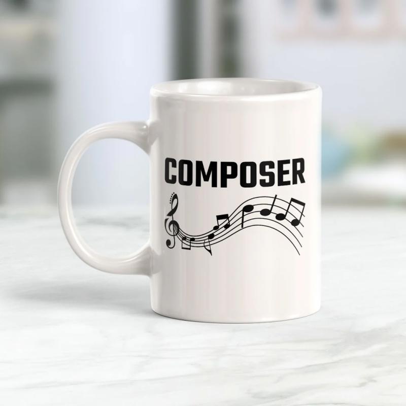 Tailorly White Ceramic 11 oz Mug - Composer Elegant Flowing Musical Notes Floating Along A Classic Wavy Staff