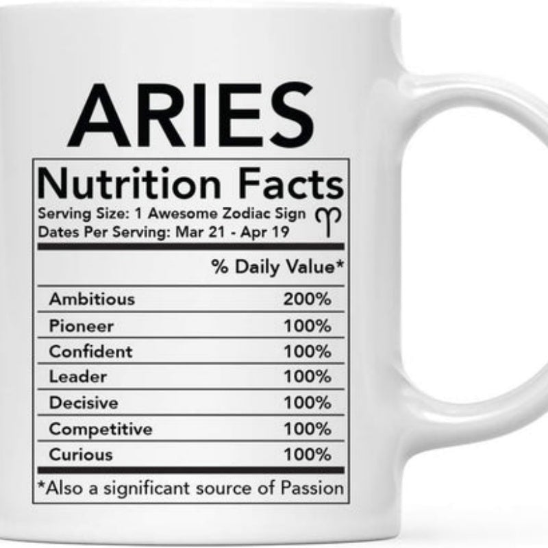 Tailorly White Ceramic 11 oz Mug - Aries Nutrition Facts Black Text Nutritional Label Style Layout Featuring Classic Mug