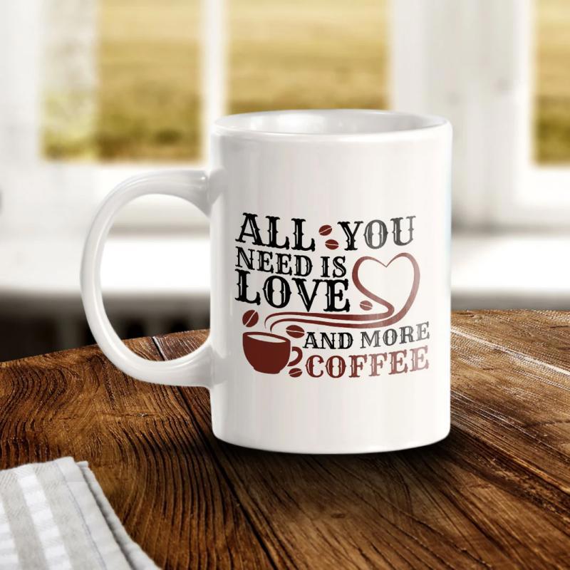 Tailorly White Ceramic 11 oz Mug - All You Need Is Love And More Coffee With Artistic Heart Swirl And Steaming Coffee Cup Mug