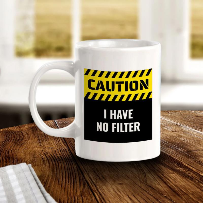 Tailorly White Ceramic 11 oz Mug - Caution I Have No Filter Yellow Hazard Stripes On Black Background Bold Industrial Warning Style Sign